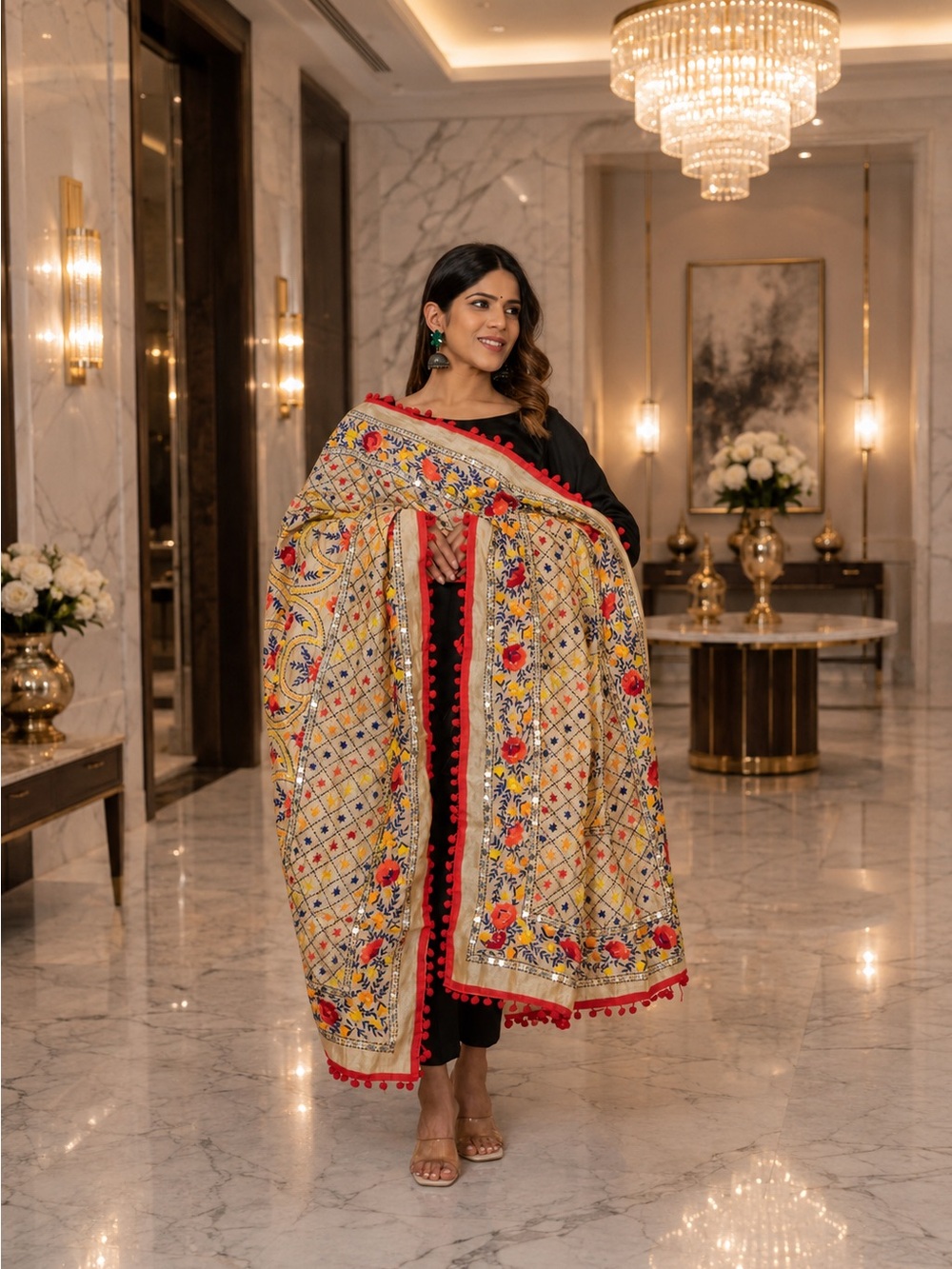 shawl Red Pom Pom Raw Silk Handmade Phulkari Dupatta mirror and thread